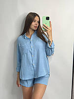Женский льняной костюм-двойка рубашка шорты размер XS-S, летний легкий костюм голубой, костюм льяной женский