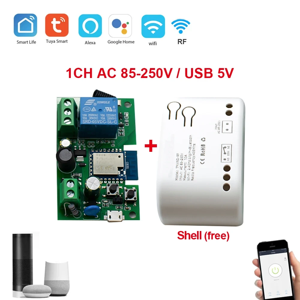 Wifi RF реле Tuya Smart Life сухий контакт, реле для воріт Tuya з радіо модулем 220В, фото 1