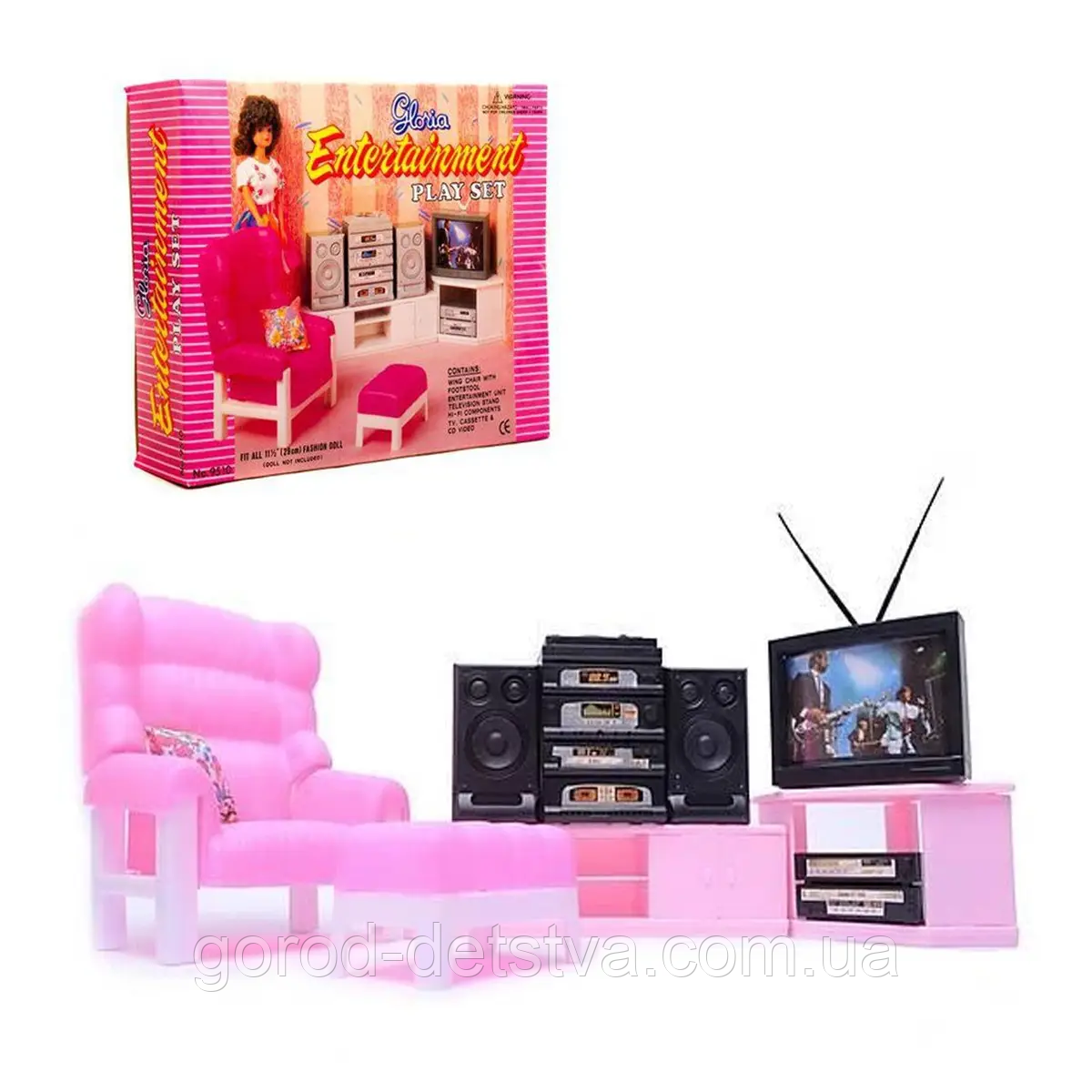 Ігрові лялькові меблі Gloria 9510 меблі для ляльок Вітальня крісло телевізор колонки стереосистема, фото 1