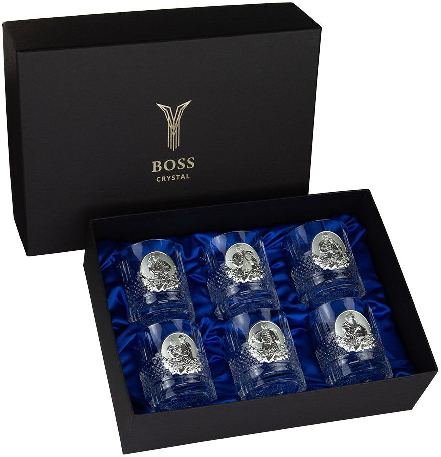 Подарунковий набір склянок для віскі Boss Crystal "Казакі" 6 шт., срібло, кришталь