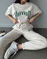 Стильный женский летний прогулочный спортивный костюм Harvard брюки джогеры удлиненная футболка двунитка Бежевый, 48/50