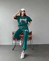 Стильный женский летний прогулочный спортивный костюм Harvard брюки джогеры удлиненная футболка двунитка Зеленый, 42/46