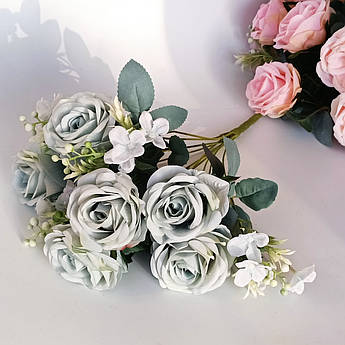 Штучні квіти. Букет з троянд Tiffany попелясто-блакитні. 46 см