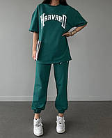 Стильный женский летний прогулочный спортивный костюм Harvard брюки джогеры удлиненная футболка двунитка Зеленый, 48/50