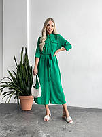 Женское стильное повседневное платье с поясом легкое летнее в зеленом цвете ткань креп жатка длина миди