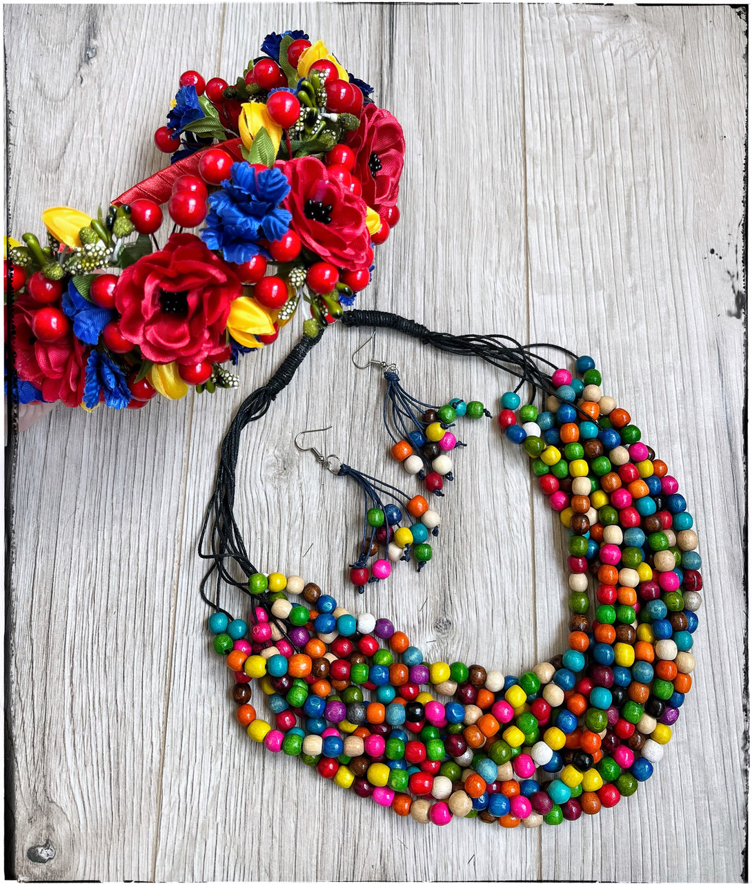 Намісто Шедевр кольовича. Сережки Калинове намисто синьо-кольорові. Обруч Феєрія кольоровий., фото 1