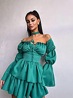 Короткое расклешенное платье с воланами на юбке и чокером (р. S, M) 66PL5635Е Зеленый, S