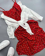 Красивое нежное женское стильное легкое летнее платье в цветочный принт миди комплект двойка с рубашкой софт Красный, 42/44