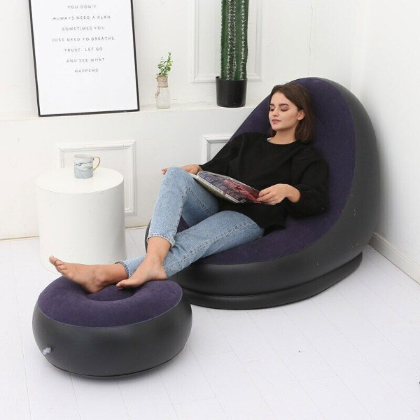 Надувний диван AIR SOFA | Надувне велюрове крісло з пуфиком Фіолетовий