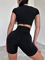 Одежда для йоги и фитнеса Женский спортивный бесшовный пушап костюм с шортами и топом черный S, Шорты