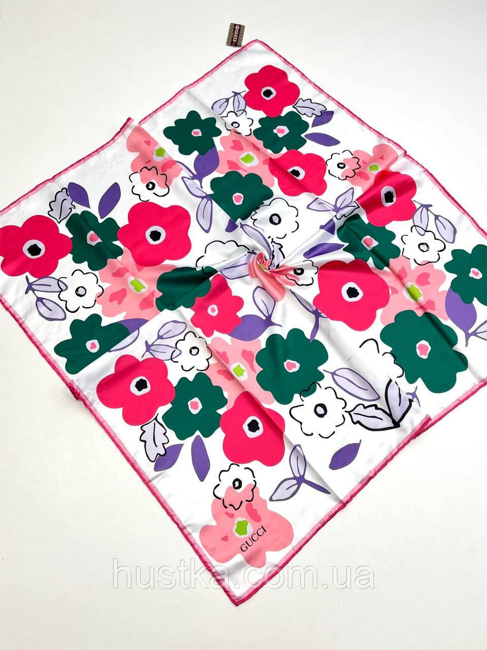 Шовкова брендова хустка Gucci квіти 90*90 см ручна обробка краю