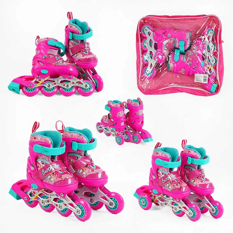Дитячі ролики 60144-XS розмір 26-29 Рожеві, колеса PVC, переднє зі світлом, переставні колеса, фото 1