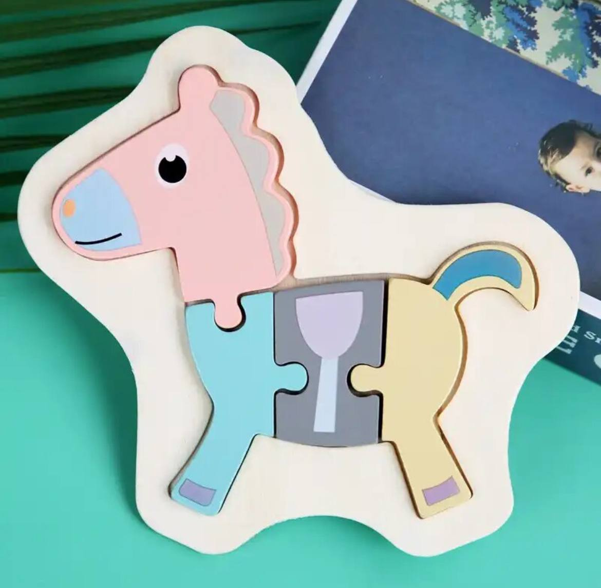 Дерев'яний кольоровий пазл рамка вкладиш Кінь, фото 1