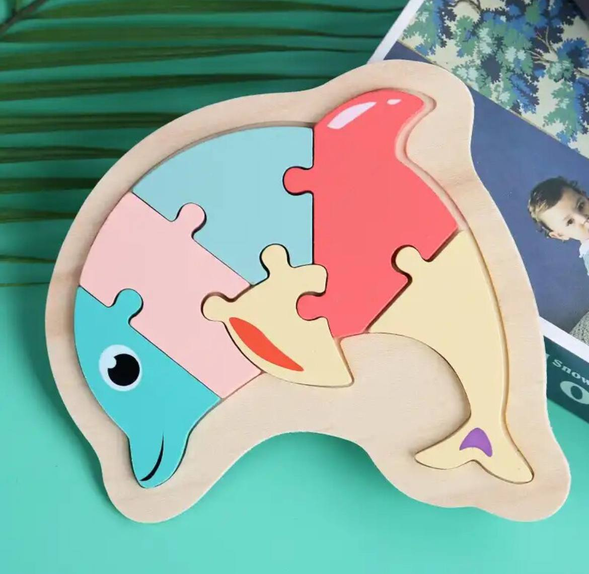 Дерев'яний кольоровий пазл рамка вкладиш Дельфін, фото 1