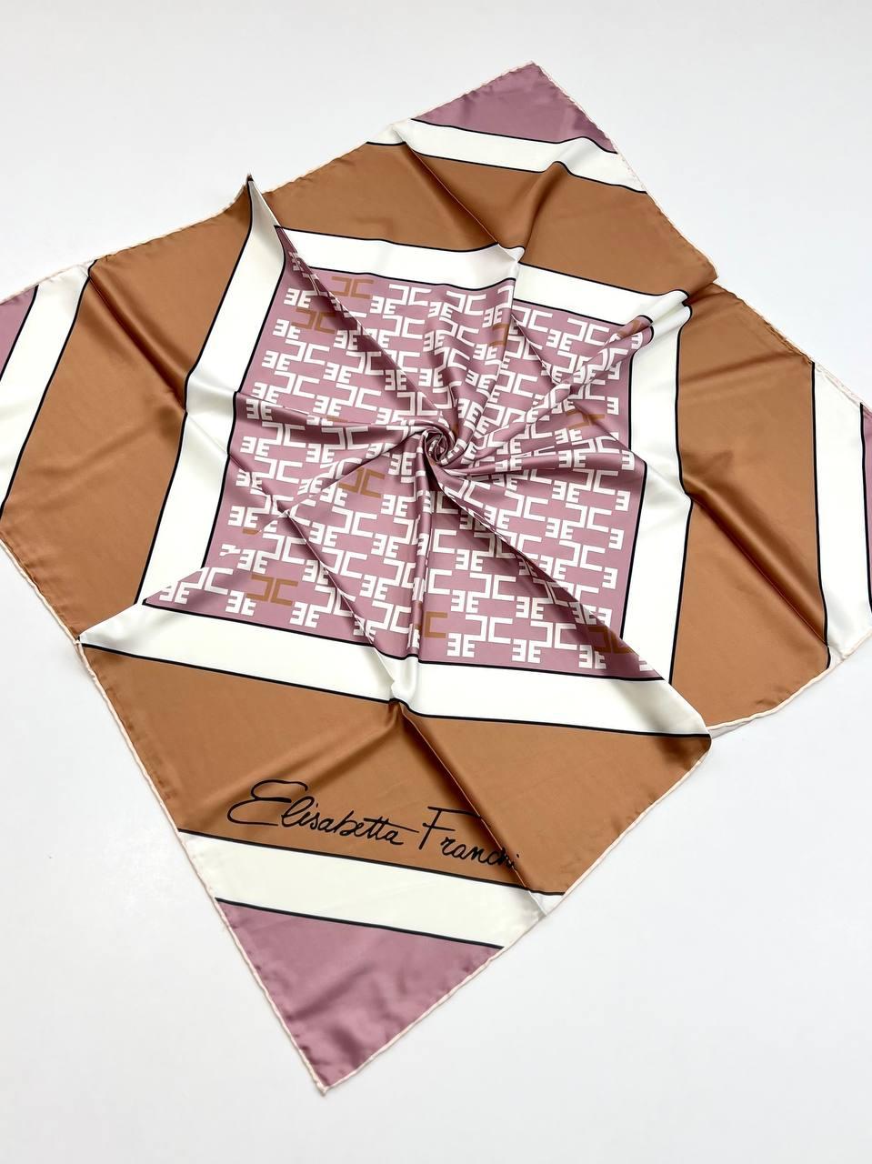 Шовкова хустка Elisabetta Franchi 90*90 см коричнева ручна обробка краю