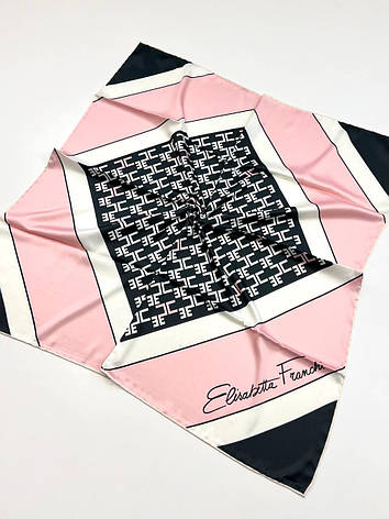 Шовкова хустка Elisabetta Franchi 90*90 см пудра/чорний ручна обробка краю, фото 1