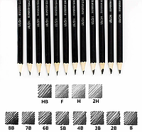 Набір простих графітних олівців для ескізів і креслення різної твердості 2H-8B 12 шт.