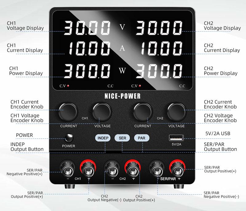 Імпульсний двоканальний лабораторний блок живлення Nice-Power SPS3010-2KD 30 V 10 A 600 W