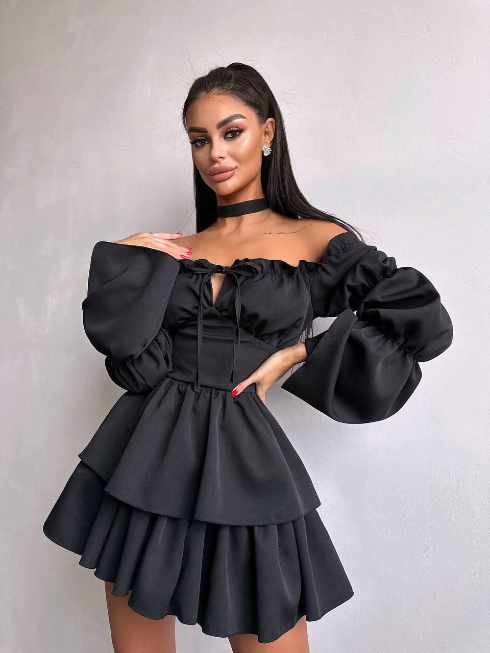 Коротке розкльошене плаття з воланами на спідниці та чокером (р. S, M) 66py5635Е, фото 1