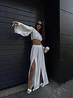 Жіночий літній костюм пляжний топ на резинці з рукавом і вільні штани з розрізами американський креп белый