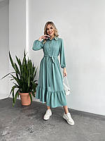 Женское летнее легкое длинное платье с длинным рукавом в оливковом цвете из качественной ткани креп жатка