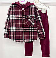 Весенний костюм для девочки. Рубашка+велюровые лосины Бордовый, 128-134