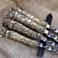 Набор шампуров "На привале" рукоять художественное литье из бронзы в колчане из плотной натуральной кожи