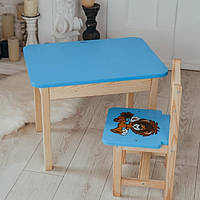 Синий стульчик и столик с ящиком под крышкой для дошкольников из натурального дерева