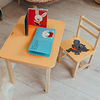 Детский комплект стульчик и столик с ящиком под крышкой желтого цвета из натурального дерева