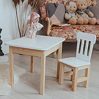 Детский столик с ящиком и стул белого цвета из натурального дерева
