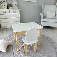 Белый детский столик и стульчик с ящиком из МДФ и натурального дерева