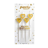 Набор свечей для торта, сердце с блестками, 4 шт + надпись,Happy Birthday, золото, 14 см