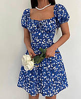 Женское приталенное платье, с цветочным принтом, джинс