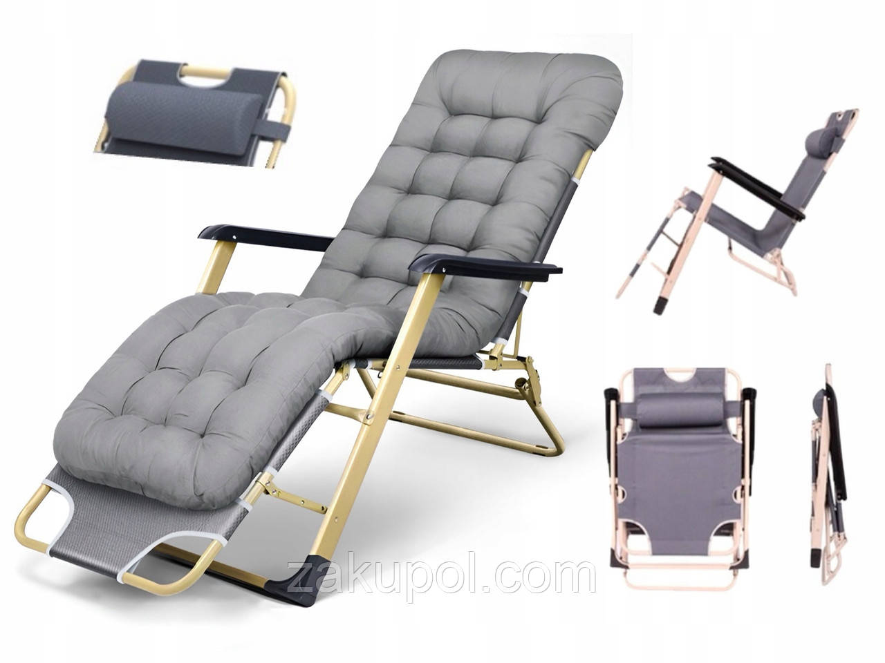 Шезлонг садовий з подушкою до 125кг CT-SF02-LG СІРИЙ Розкладне крісло Лежак, фото 1