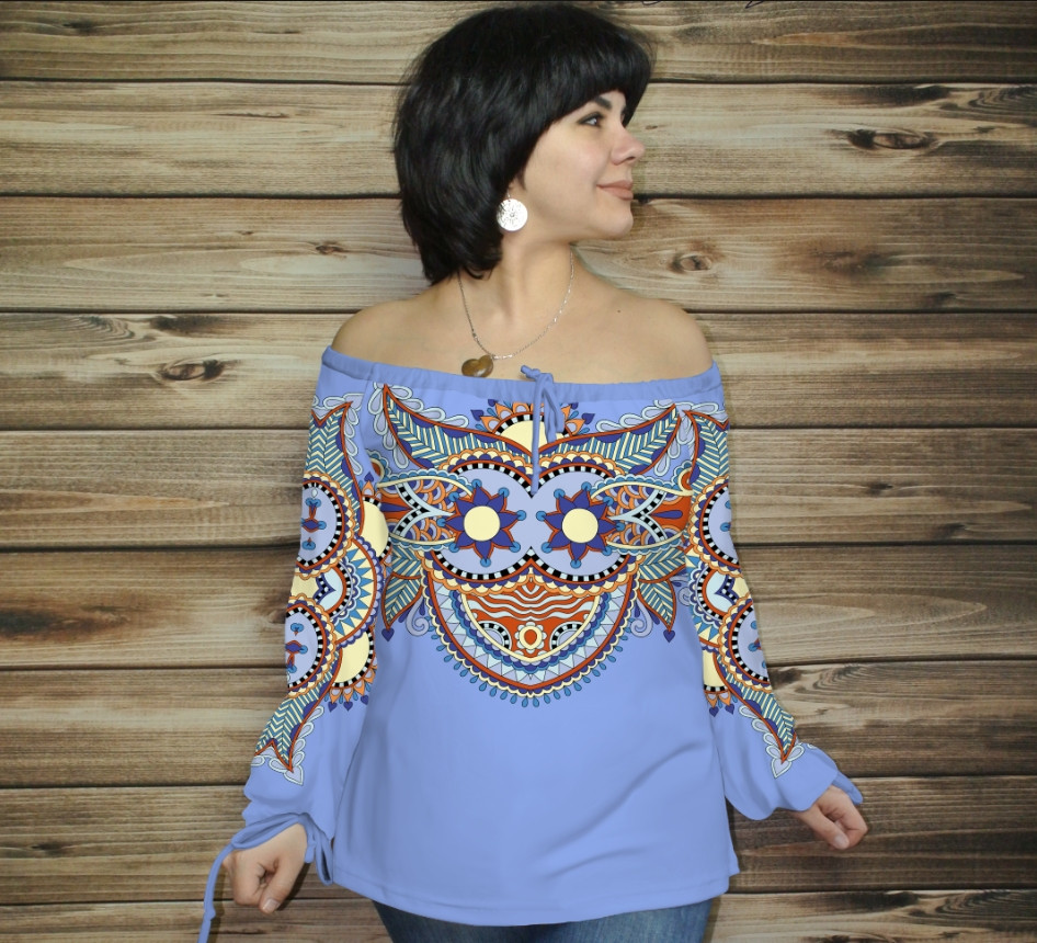 Туніка (блуза) Carmen Етнічні орнаменти 02 блакитна ВСІ Розміри, фото 1