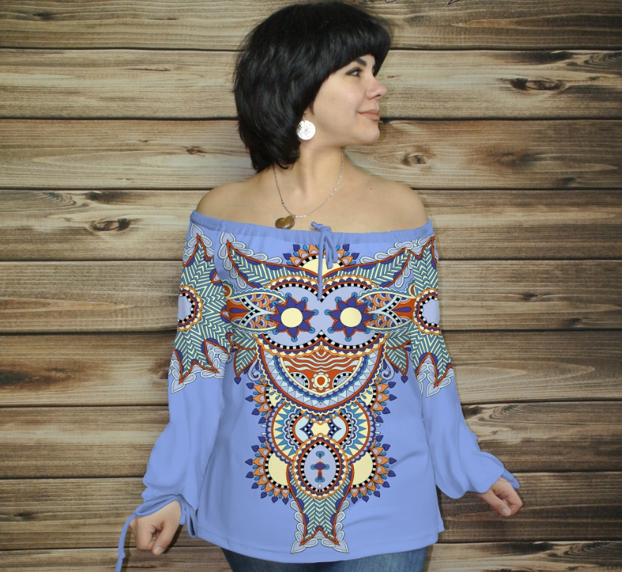 Туніка (блуза) Carmen Етнічні орнаменти 03 блакитна ВСІ Розміри, фото 1