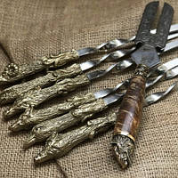 Набор шампуров "Охотничий трофей" с вилкой для снятия мяса, рукоять из бронзы в колчане из натуральной кожи