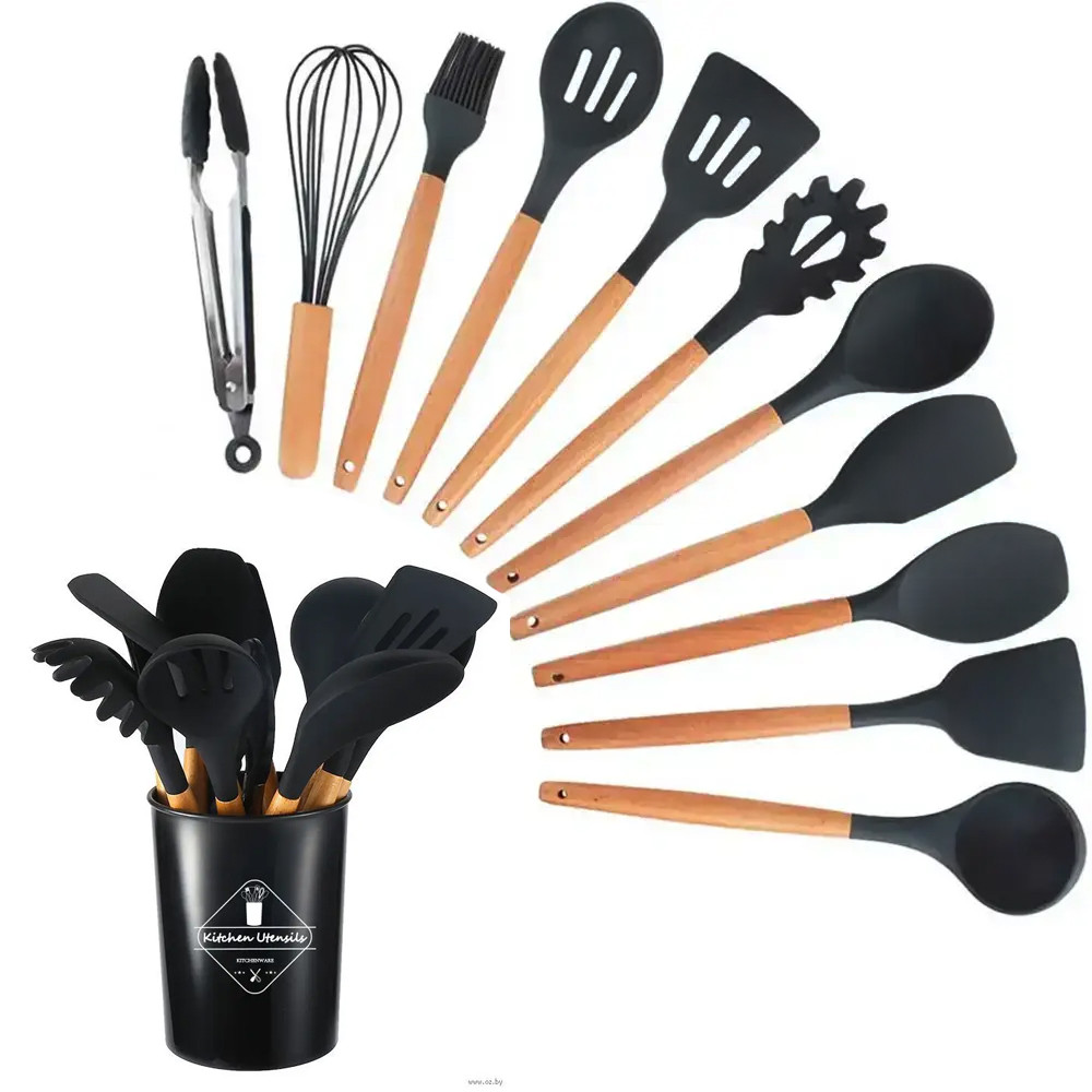 Силіконовий кухонний набір приладдя із підставкою Kitchen Ware 12 предметів Black
