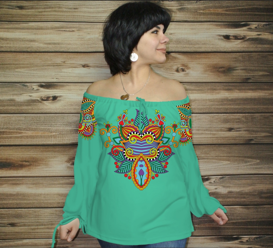 Туніка (блуза) Carmen Етнічні орнаменти. М'ятно - зелена ВСІ Розміри, фото 1