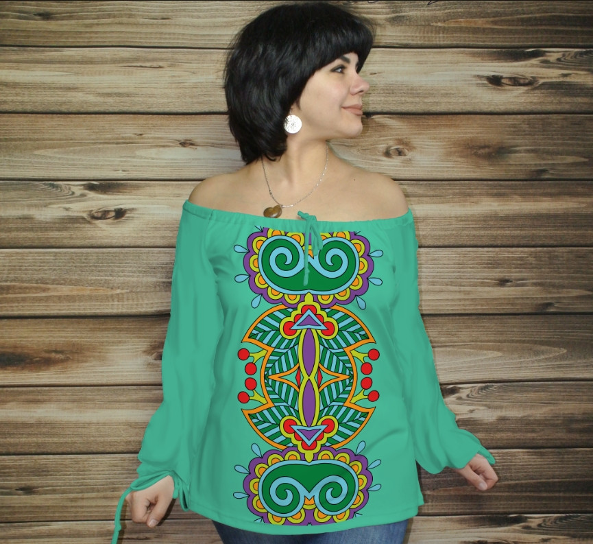 Туніка (блуза) Carmen Етнічні орнаменти. М'ятно - зелена 01 ВСІ Розміри, фото 1