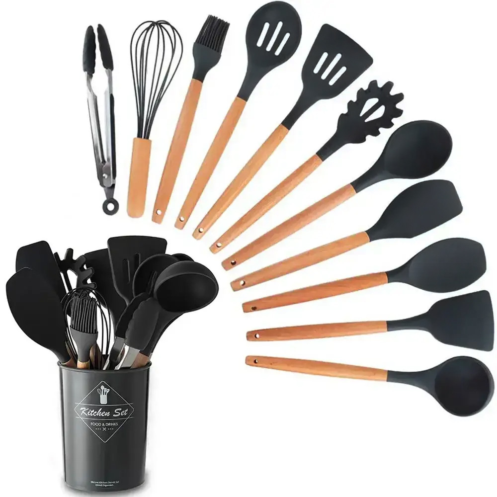Силіконовий кухонний набір приладдя із підставкою Kitchen Set 12 предметів Black