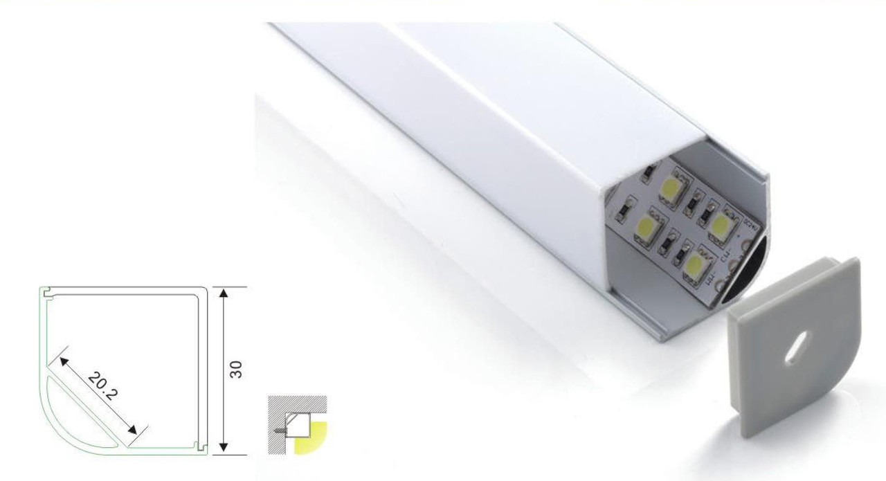Алюмінієвий профіль для світлодіодної стрічки кутовий 30х30 c дифузором