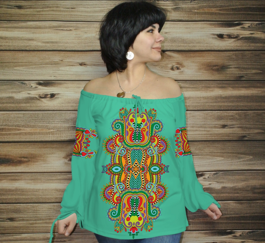 Туніка (блуза) Carmen Етнічні орнаменти. М'ятно - зелена 02 ВСІ Розміри, фото 1
