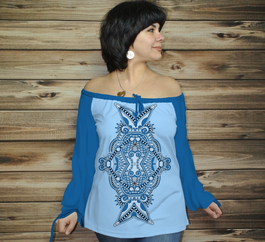 Туніка (блуза) Carmen Орнамент етнічний. Синьо-блакитна ВСІ Розміри, фото 1