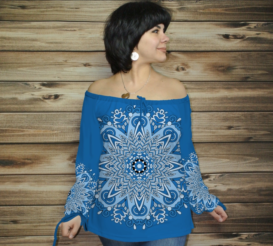 Туніка (блуза) Carmen Орнамент етнічний. Васильковий ВСІ Розміри, фото 1