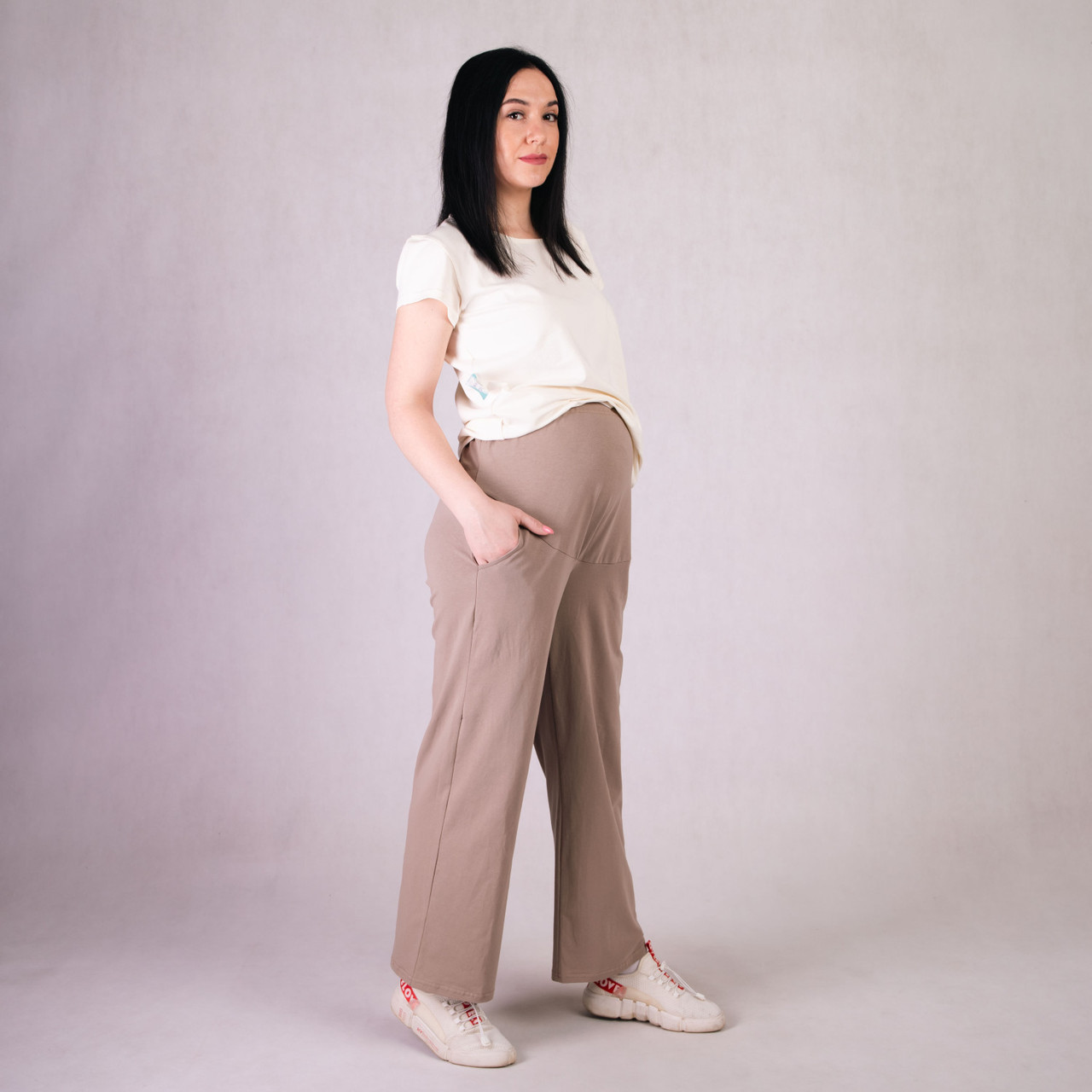 Однотонні штани для вагітних трикотаж бежевий 46-58р