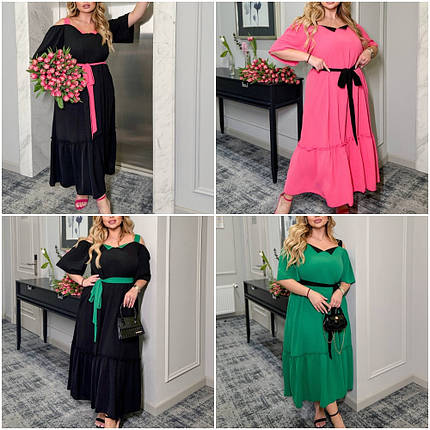 Літнє плаття довгі вільні рукави та на бретелях жатка розміри батал, фото 1