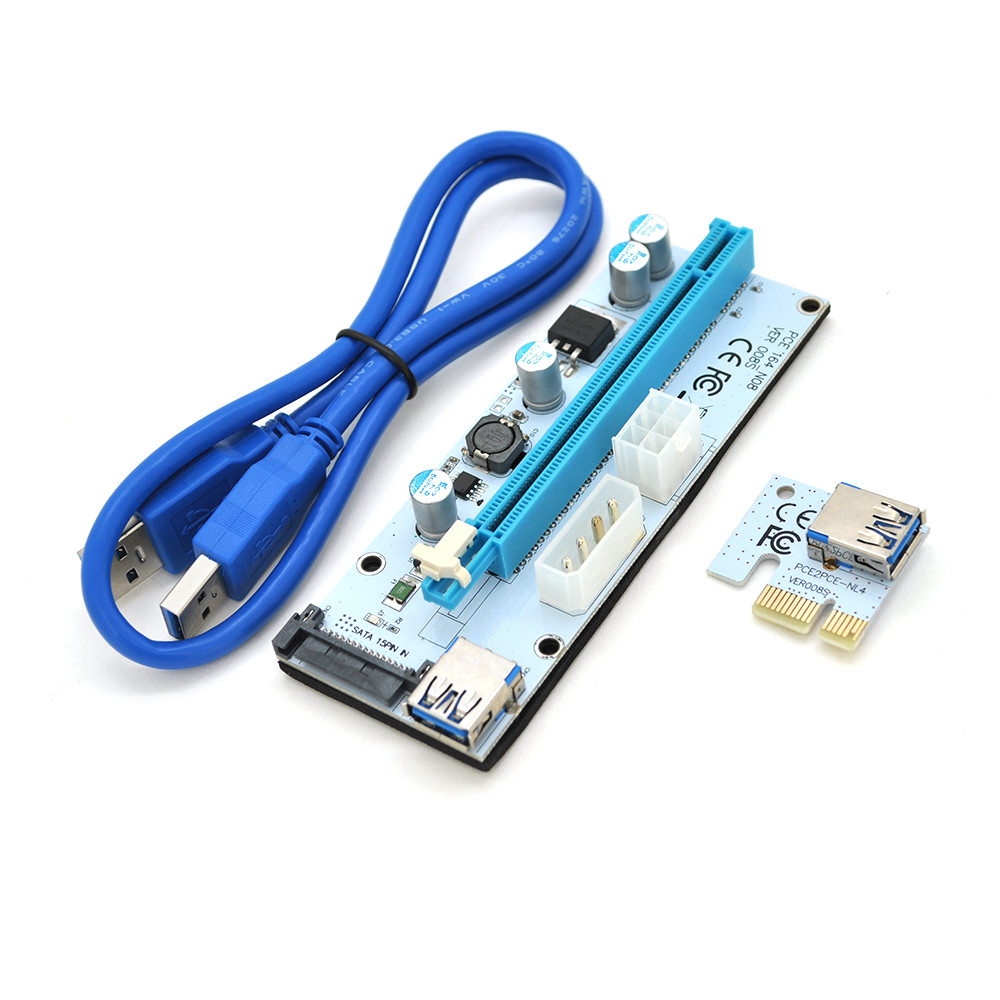 Riser PCI-EX, x1 => x16, 4-pin / 6-pin / Sata, USB 3.0 AM-AM 0,6 м (синій), конденсатори 270, White, Пакет от DOM-Energy