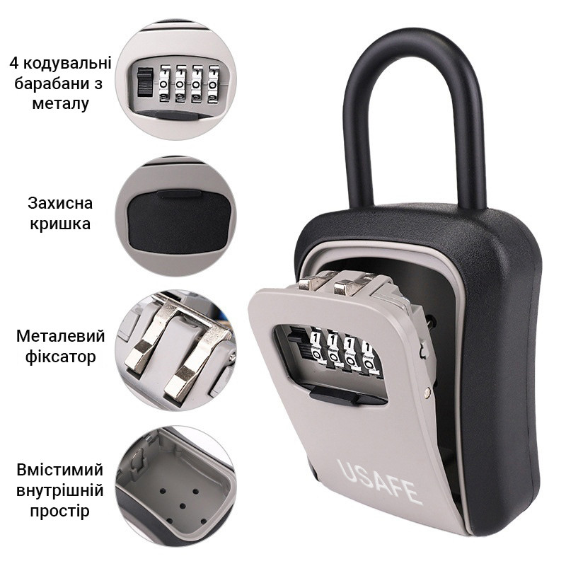 Подвесной металлический мини сейф для ключей uSafe KS-05, с крючком и паролем, Серый - фото 7 - id-p1459873277
