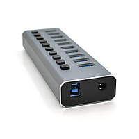 Хаб USB 3.0, 6 портів USB 3.0 + 4 порти QC3.0, з перемикачами на кожен порт, DC12V4A, Black, BOX от DOM-Energy